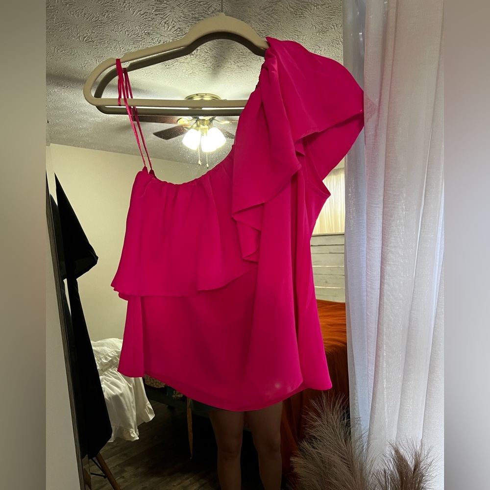 Hot pink, one shoulder boutique blouse. Size S.